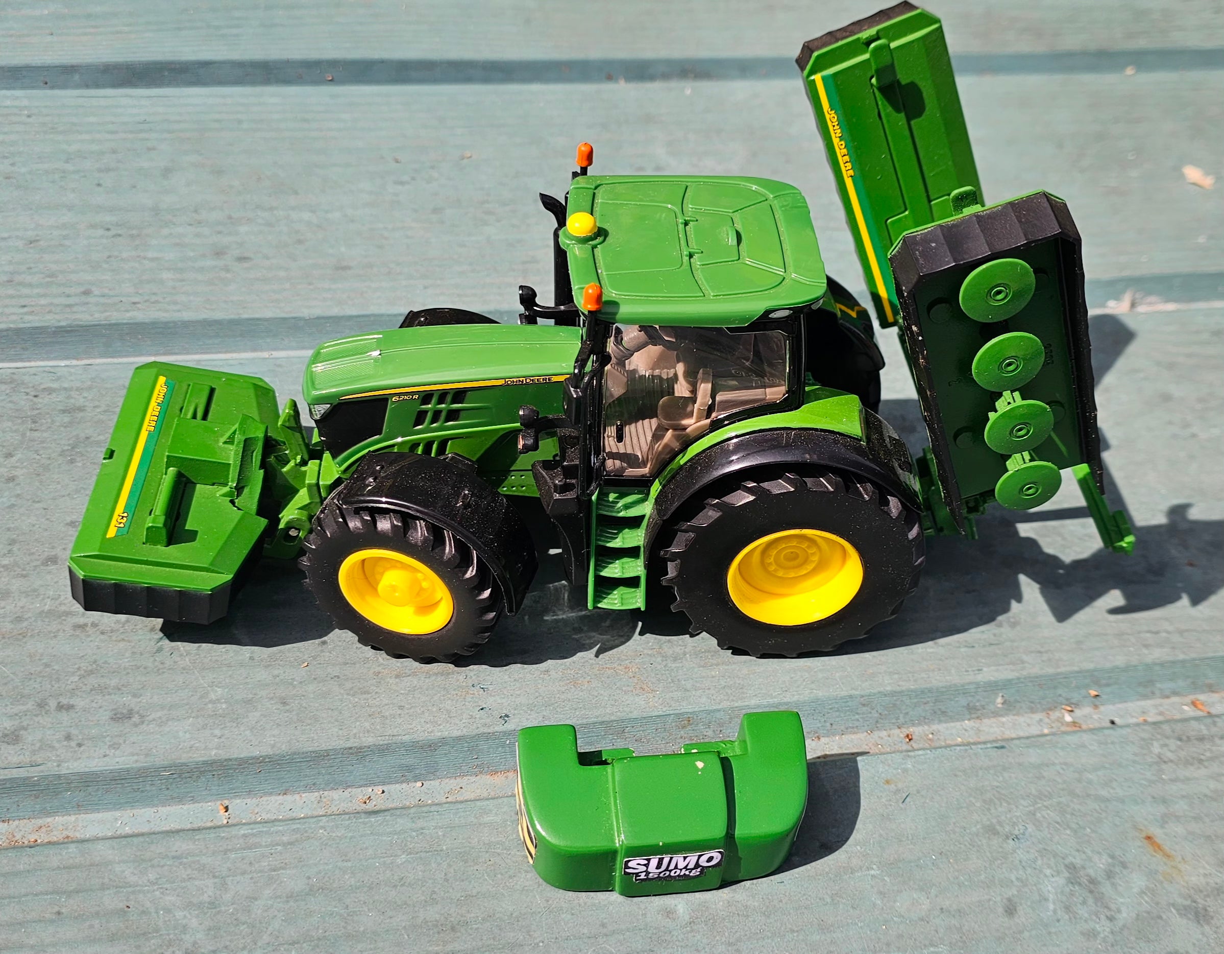 Britains John Deere 6210R With Custom JD 131 Mowers And Sumo Weight Block